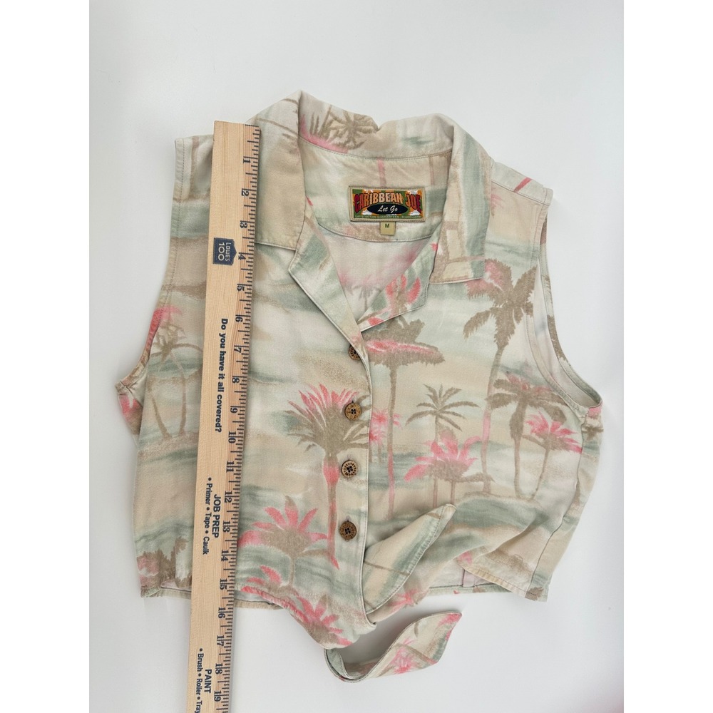 Caribbean Joe Womens Tropical Palm Tree Tie Front Rayon Crop Top Tan Pink Med - Picture 5 of 6